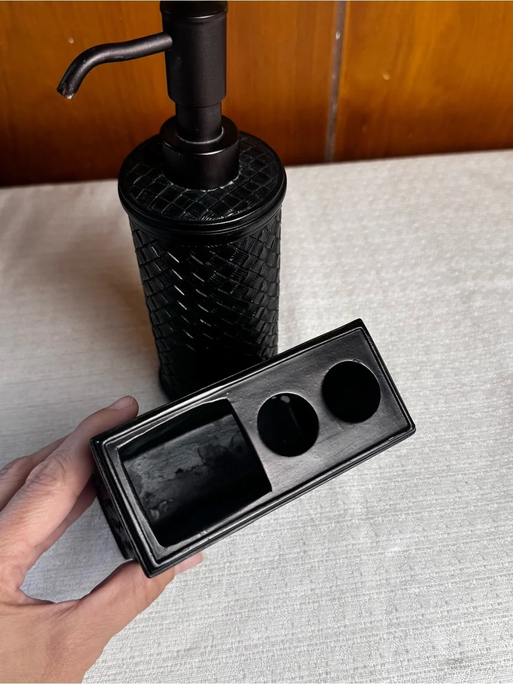 Black Woven Resin Bathroom Accessory Set - Pump Dispenser & Organizer